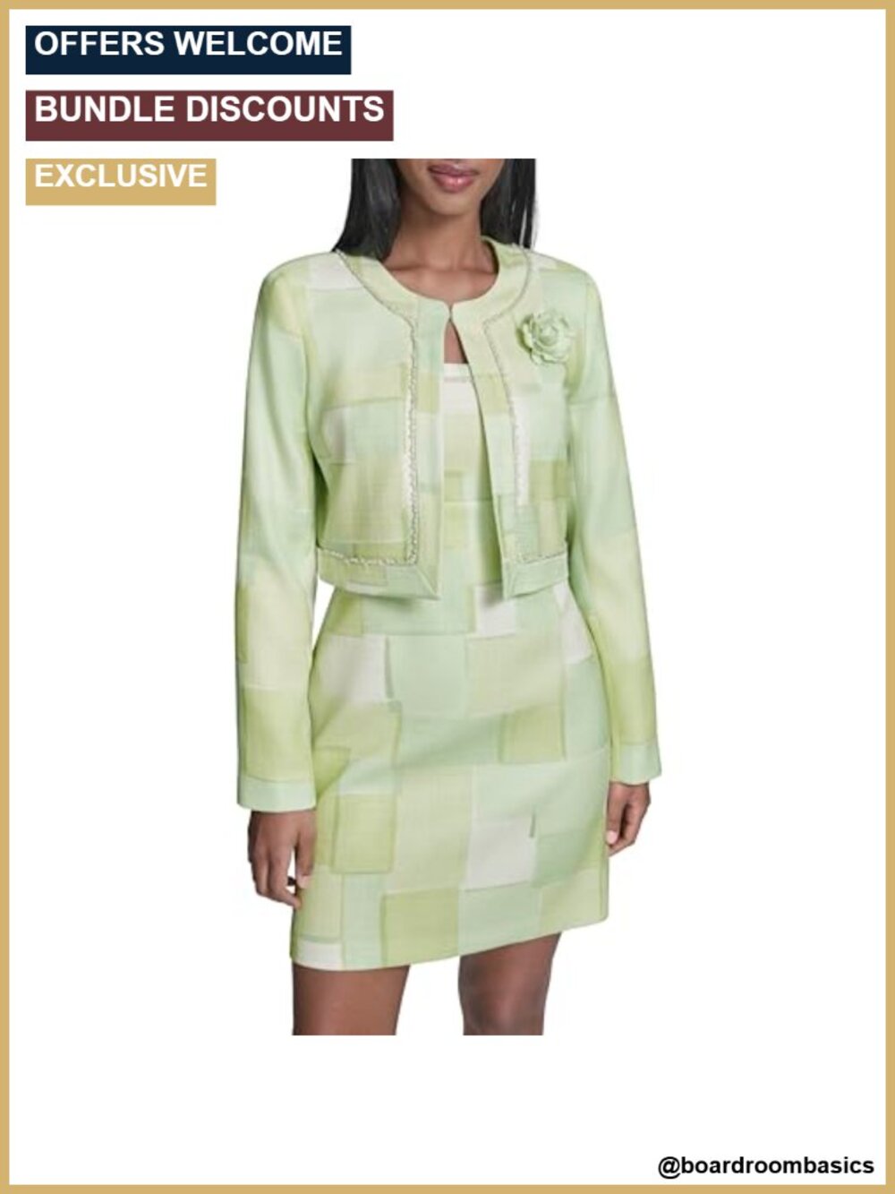 Faux Tweed Long Sleeve Jacket Crew Neck Hook Eye Closure